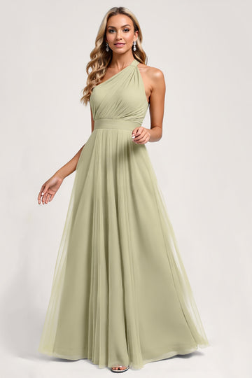 One Shoulder A Line Dusty Sage Bridesmaid Dress